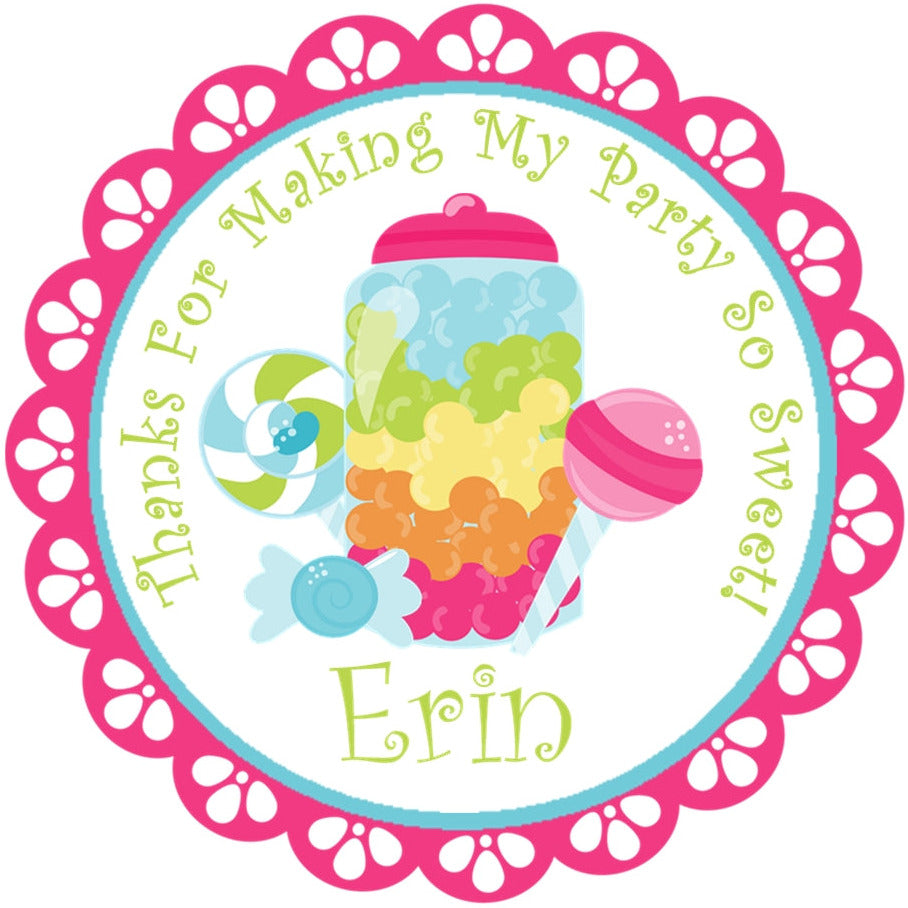 Candy party favor sticker with lollipops and candy jar design