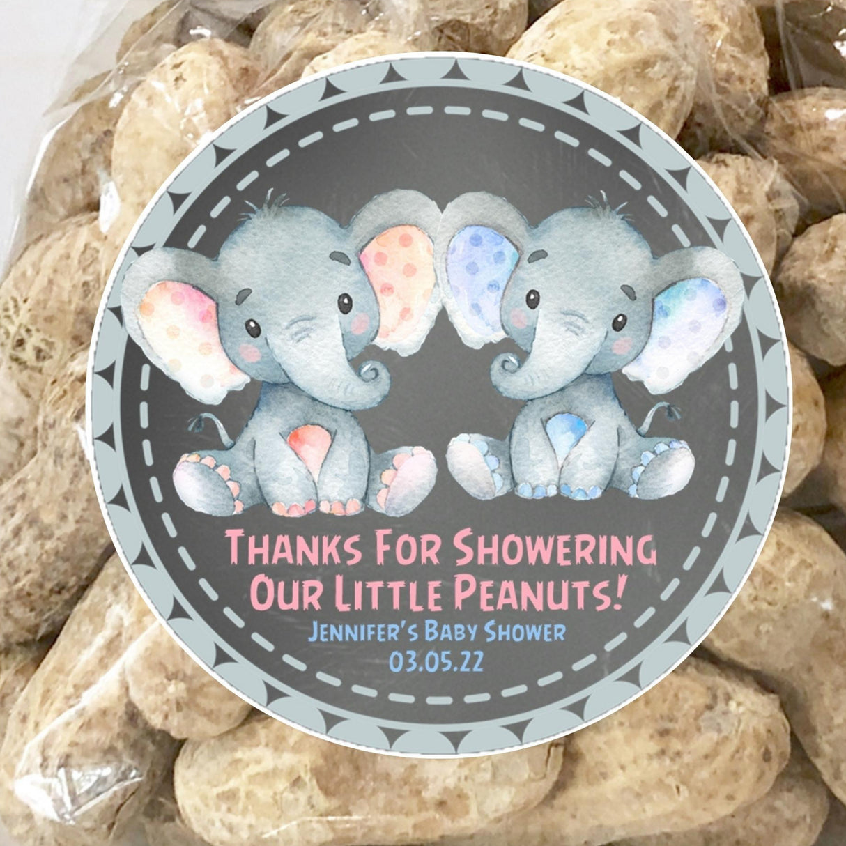 Chalkboard elephant twins baby shower stickers for boy and girl twins