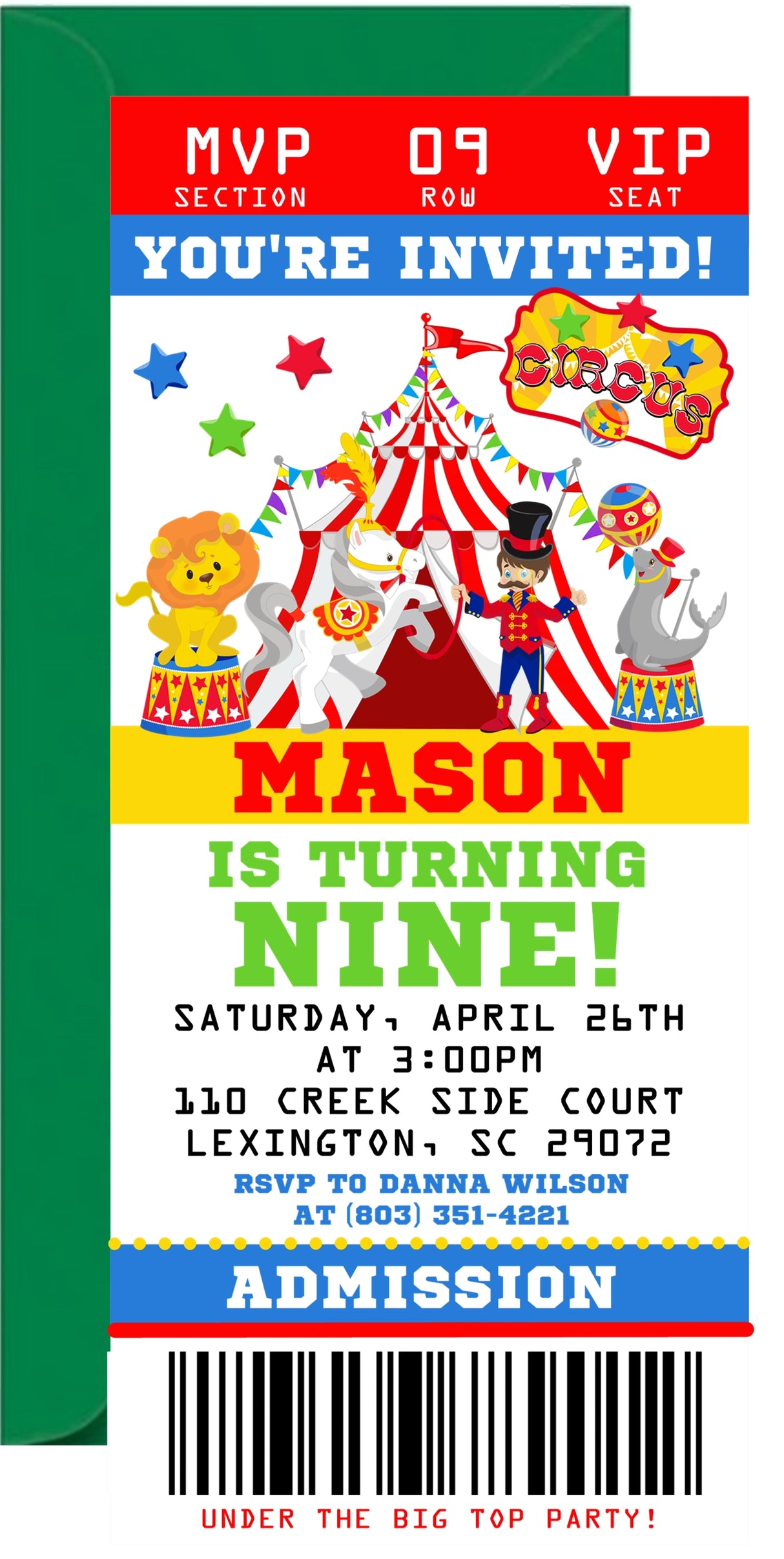 Circus ticket invitation featuring colorful circus tent artwork and admission ticket design