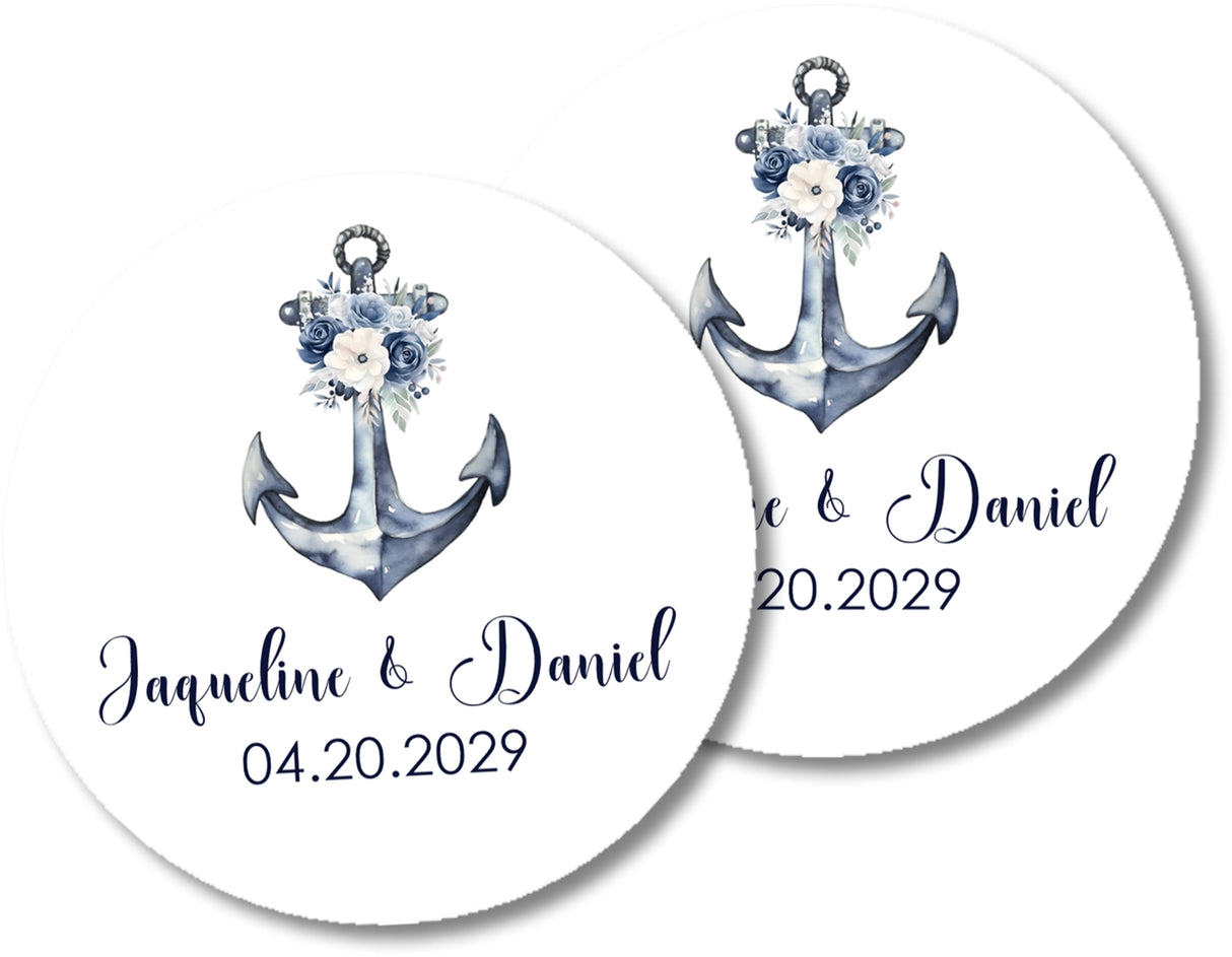 Coastal wedding favor sticker with floral anchor illustration