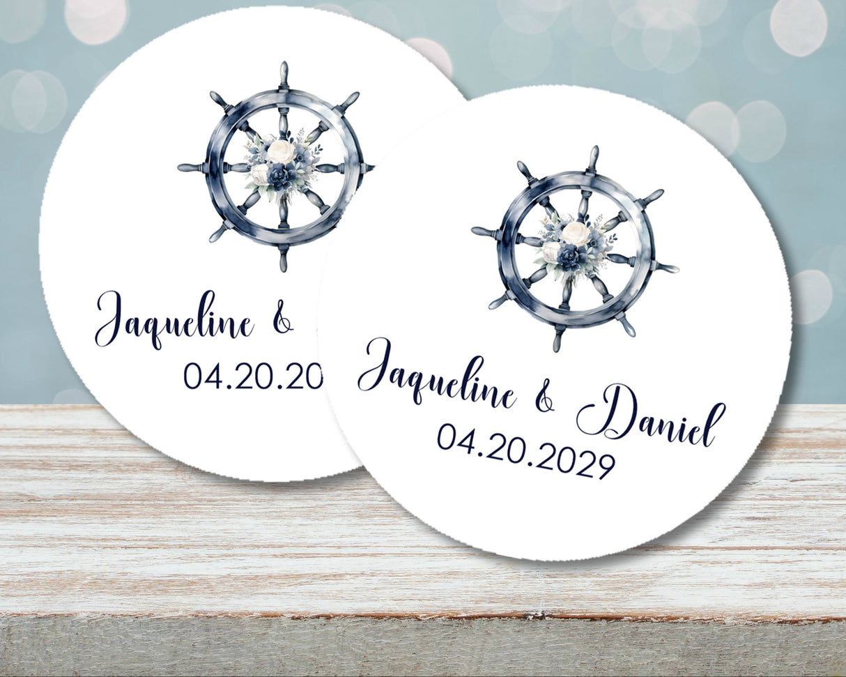 Coastal wedding sticker featuring ship wheel and floral accent