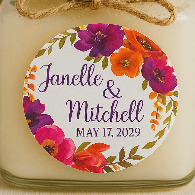 Colorful floral wedding sticker with bold watercolor flowers
