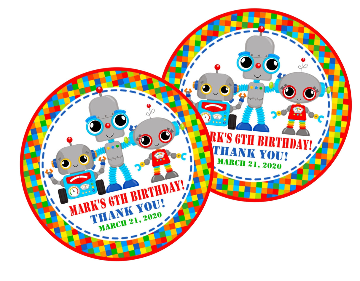 Colorful robot birthday sticker with three bright robots and custom name