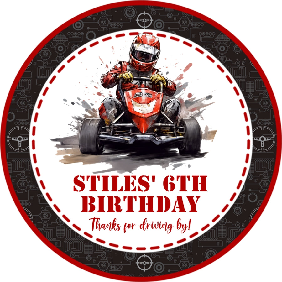 Custom racing party favor label with go-kart driver