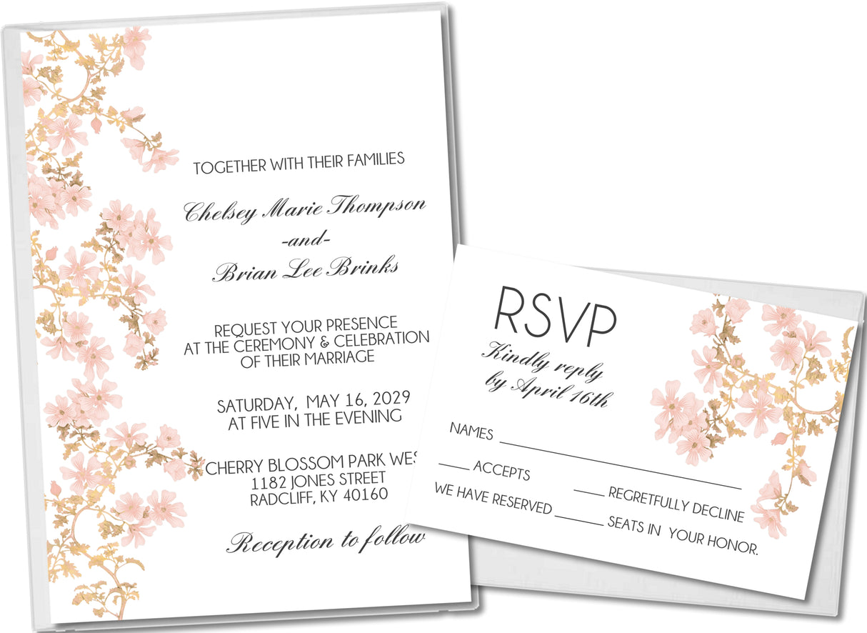 Elegant blush floral wedding invitation featuring soft cherry blossoms on a white background.