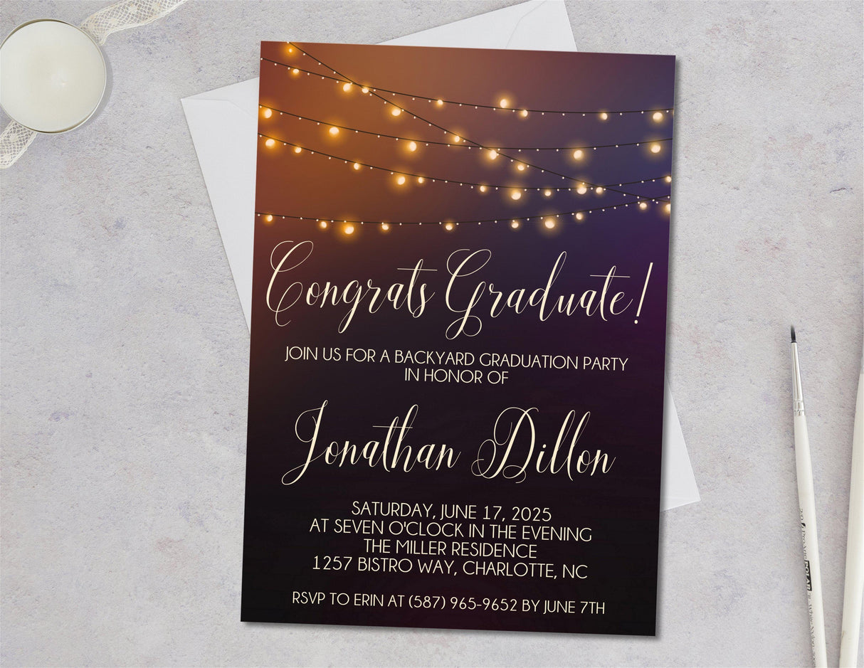 Elegant graduation party invitation with warm string lights and script lettering