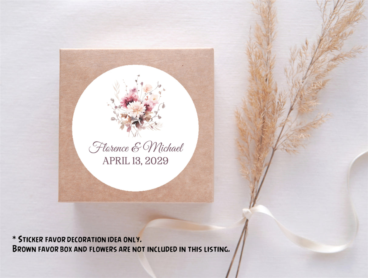 Elegant pink and burgundy wedding sticker with watercolor bouquet