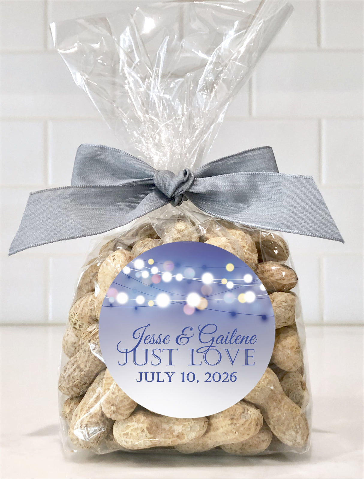 Elegant wedding favor label with blue gradient and hanging lights