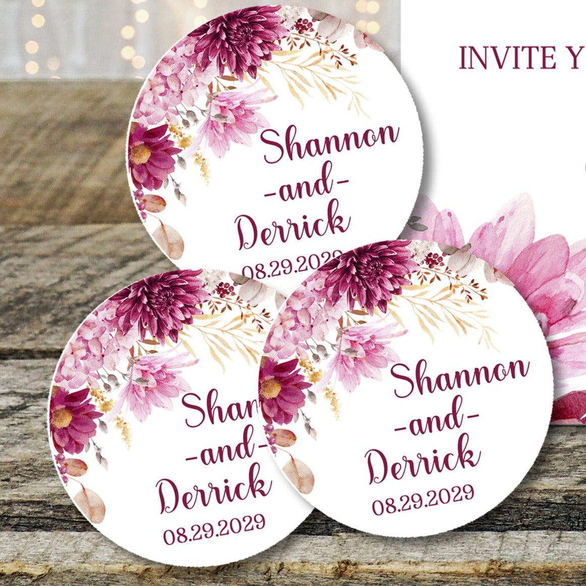Elegant wedding sticker with burgundy blooms and gold accents