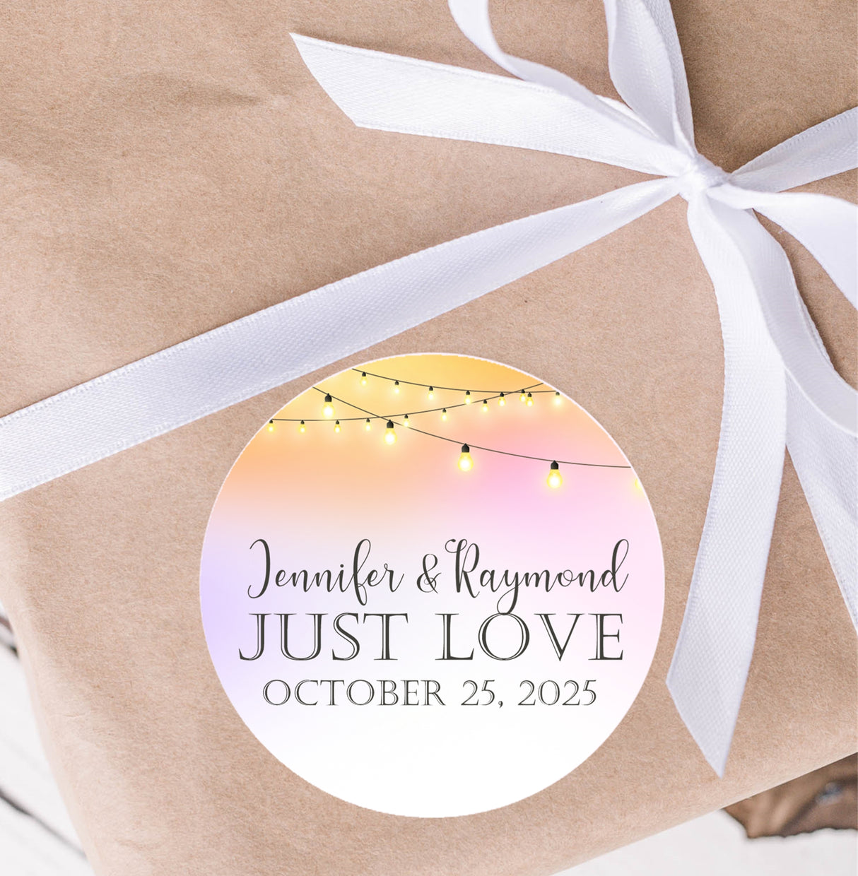 Elegant wedding sticker with warm bistro lights background