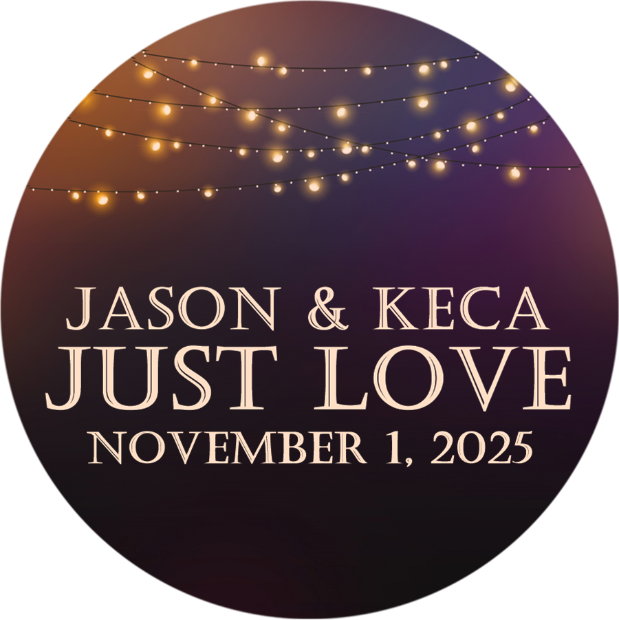 Evening wedding favor label with warm bistro lights background