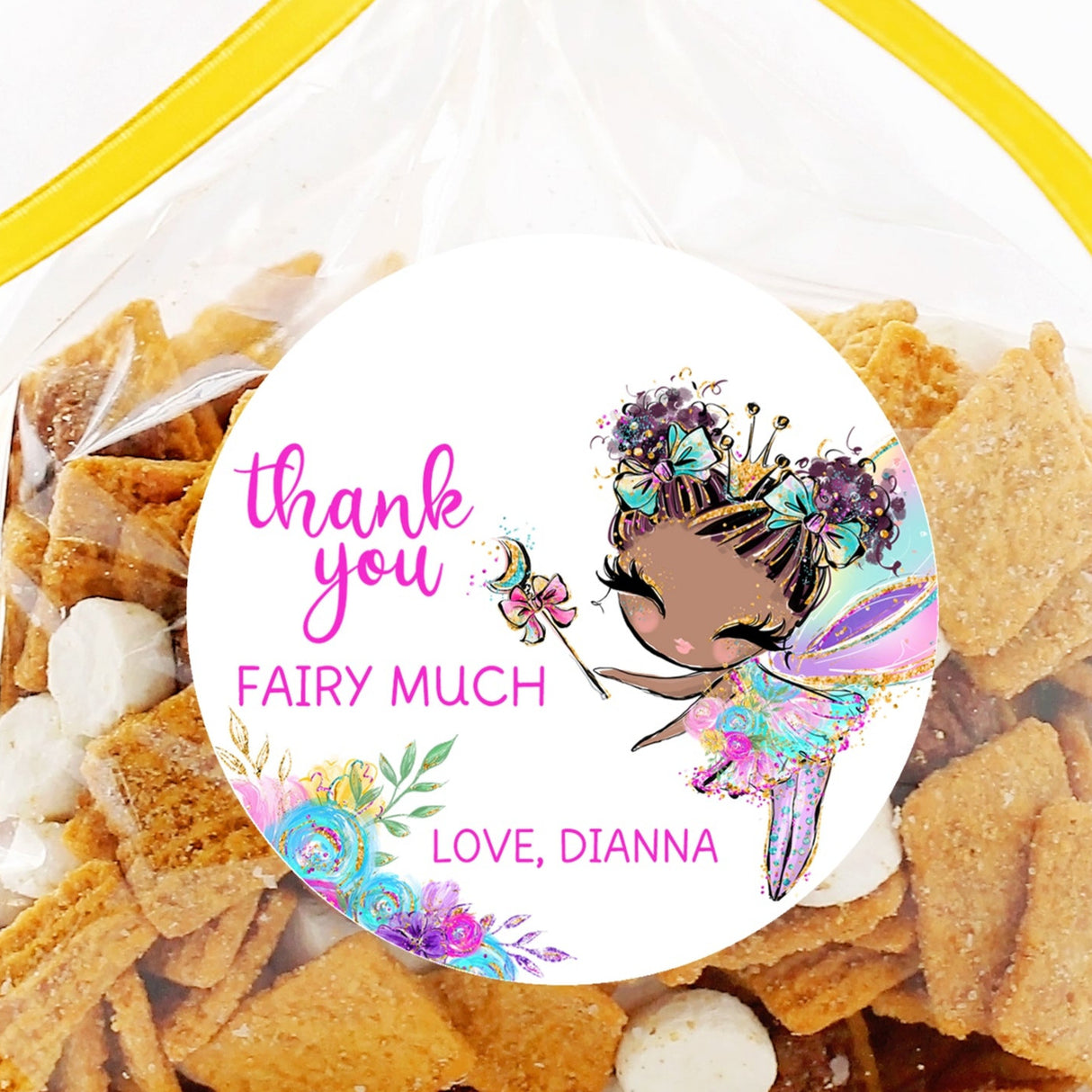 Fairy birthday sticker with colorful fairy character and “Thank You Fairy Much” text