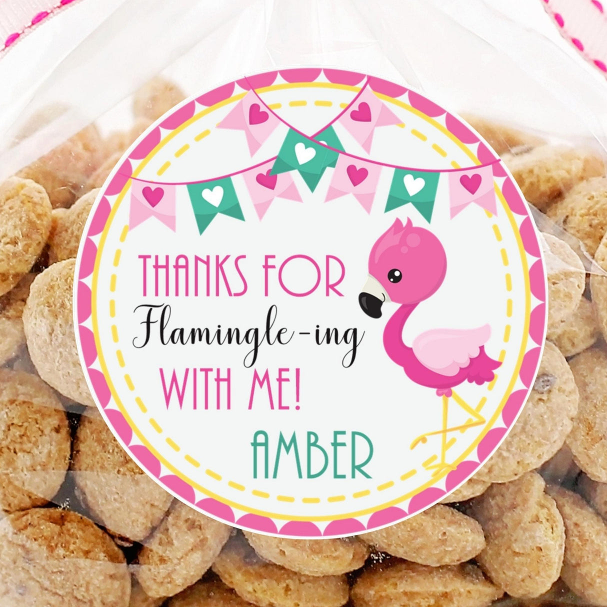 Flamingo birthday sticker with teal and pink banner