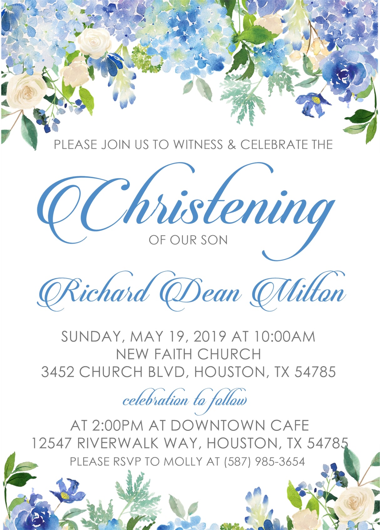 Floral christening invitation in blue with personalized wording