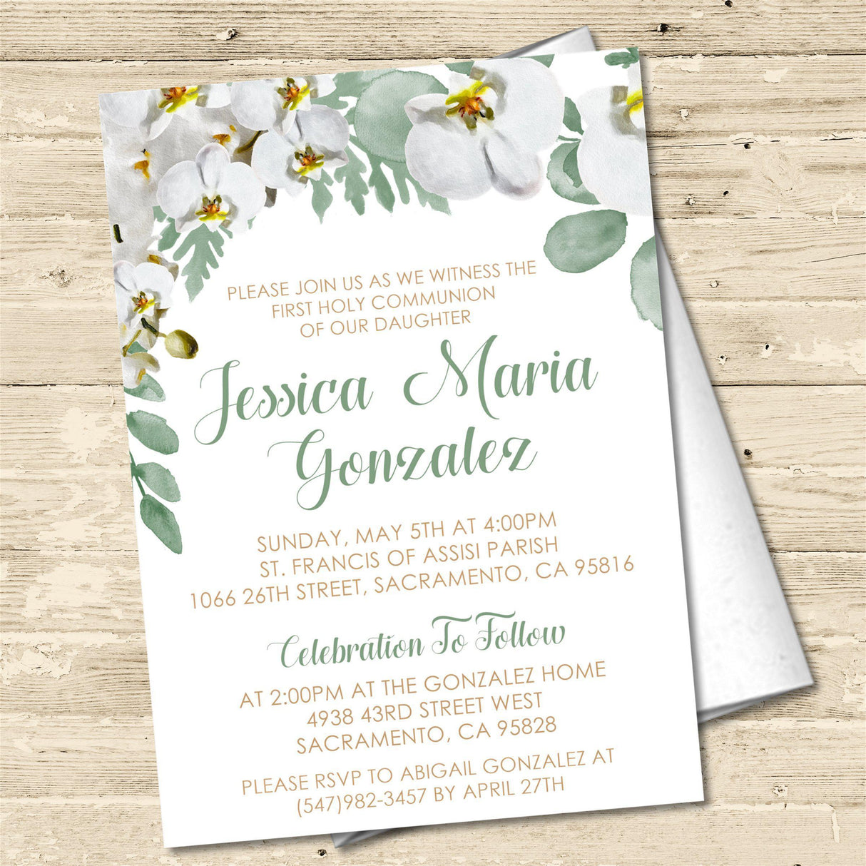 Floral first holy communion invitation for girls with white orchids