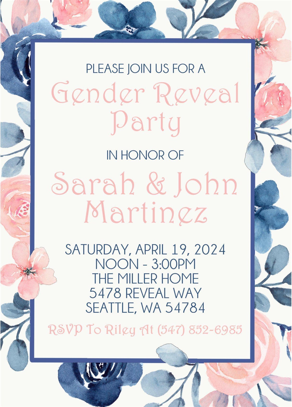 Floral gender reveal invitation featuring soft pink and blue tones