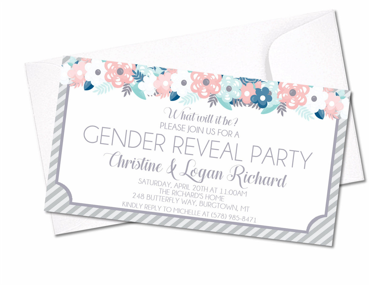 Floral gender reveal invitation with pink and blue watercolor flowers