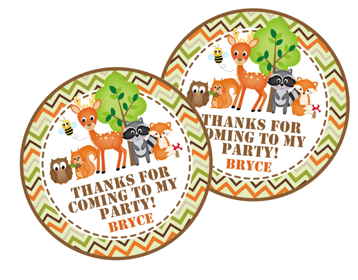 Forest friends party favor label with chevron background