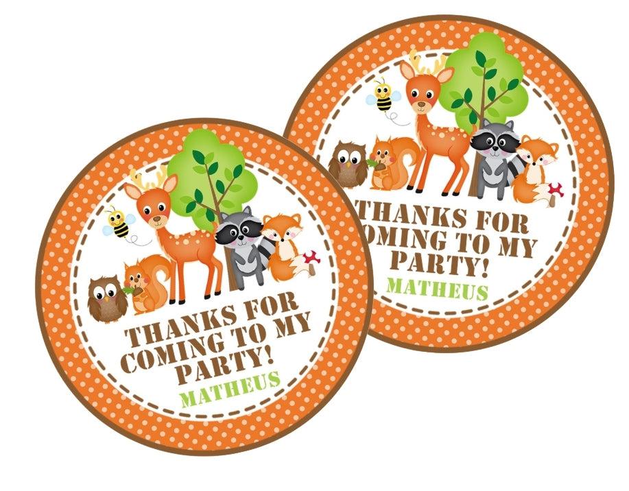 Forest friends party favor label with polka dot border