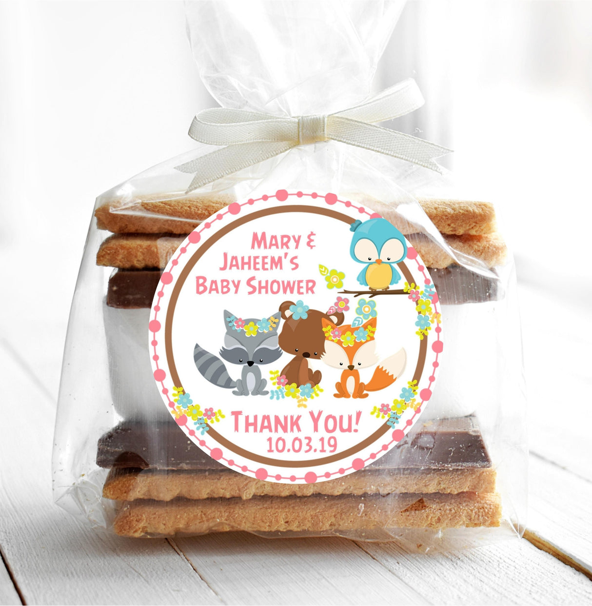 Fox, bear, and raccoon woodland theme baby shower stickers.