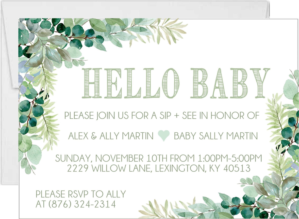 Gender neutral greenery sip and see invitation with hello baby design