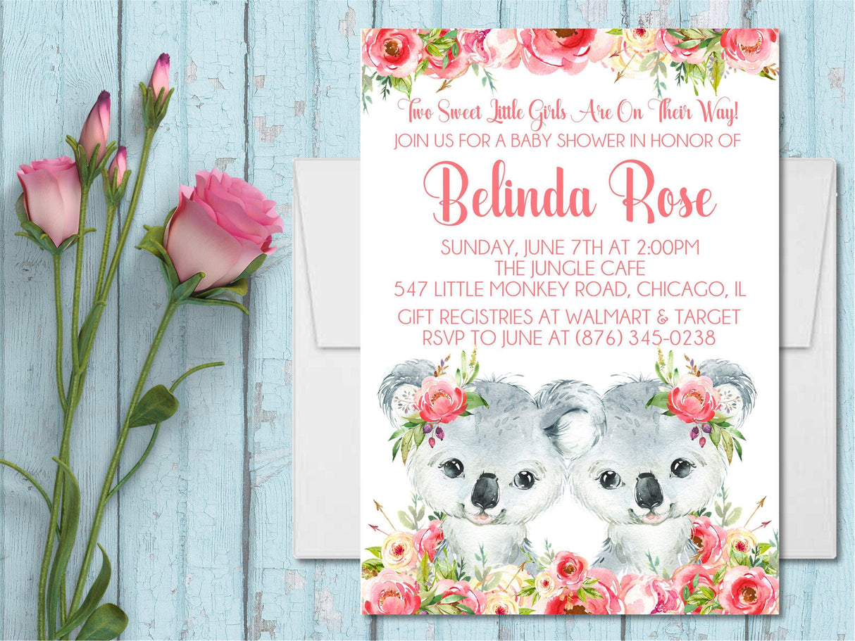Girl Twins Koala Baby Shower Invitations