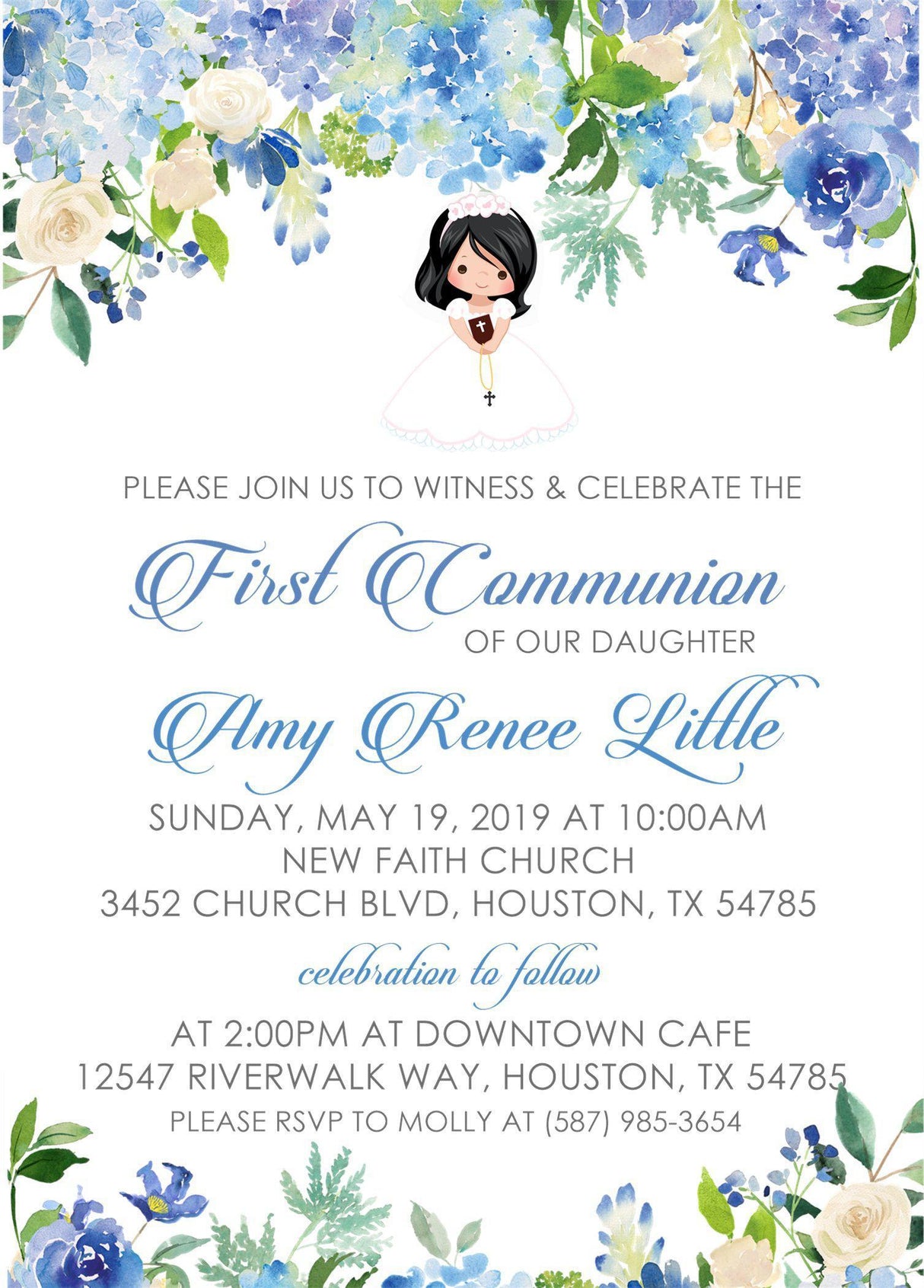 Girls Blue Floral First Communion Invitations