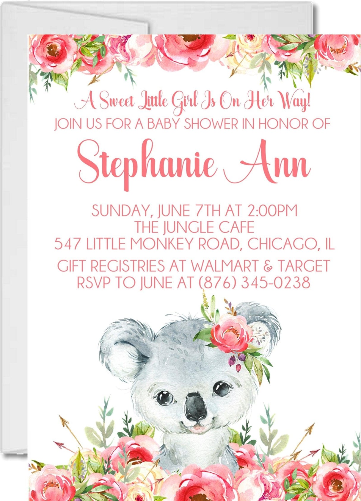 Girls Koala Baby Shower Invitations