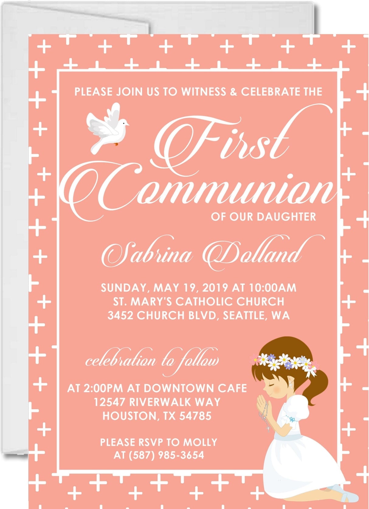 Girls Peach And White First Communion Invitations