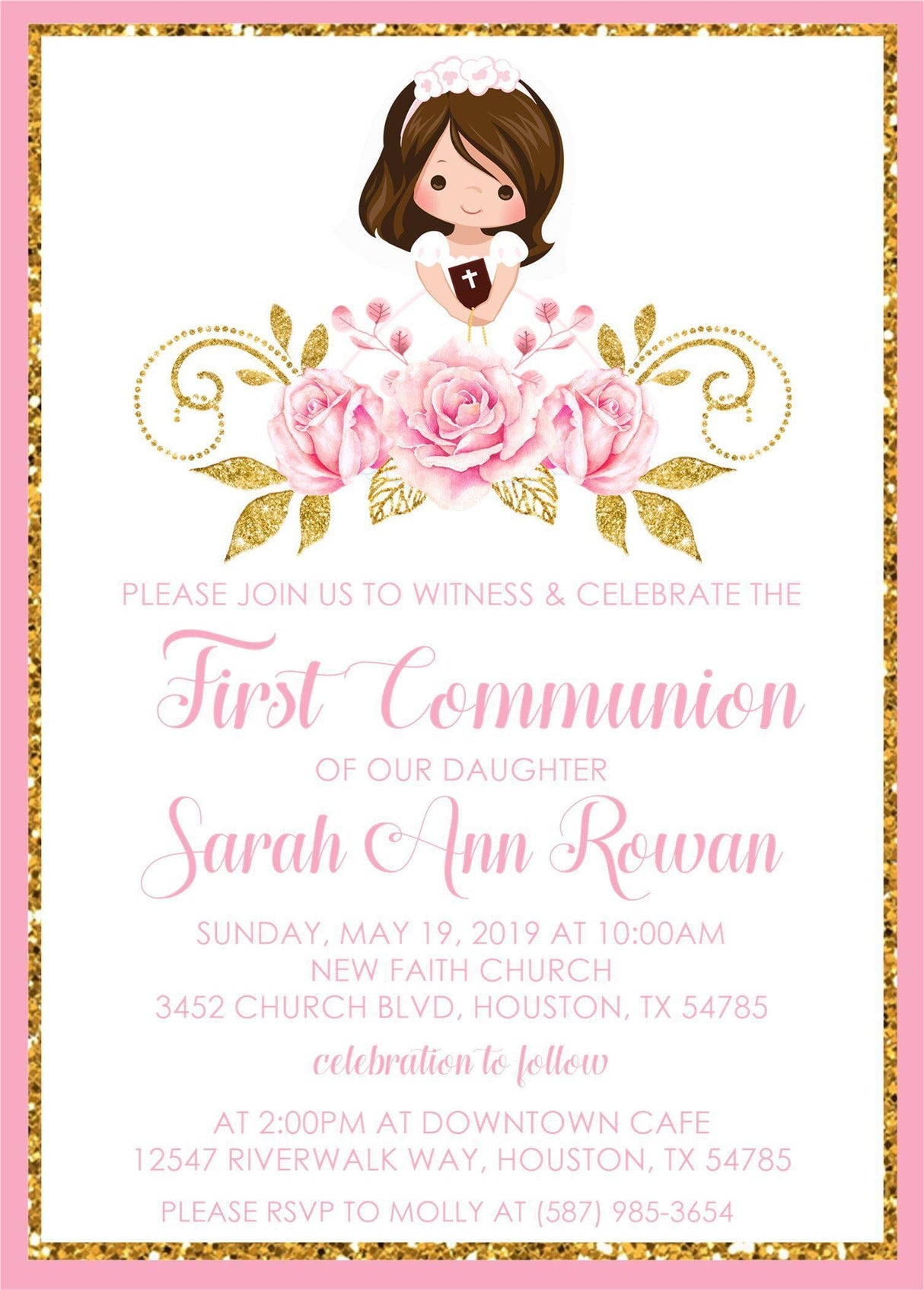 Girls Pink And Gold First Communion Invitations