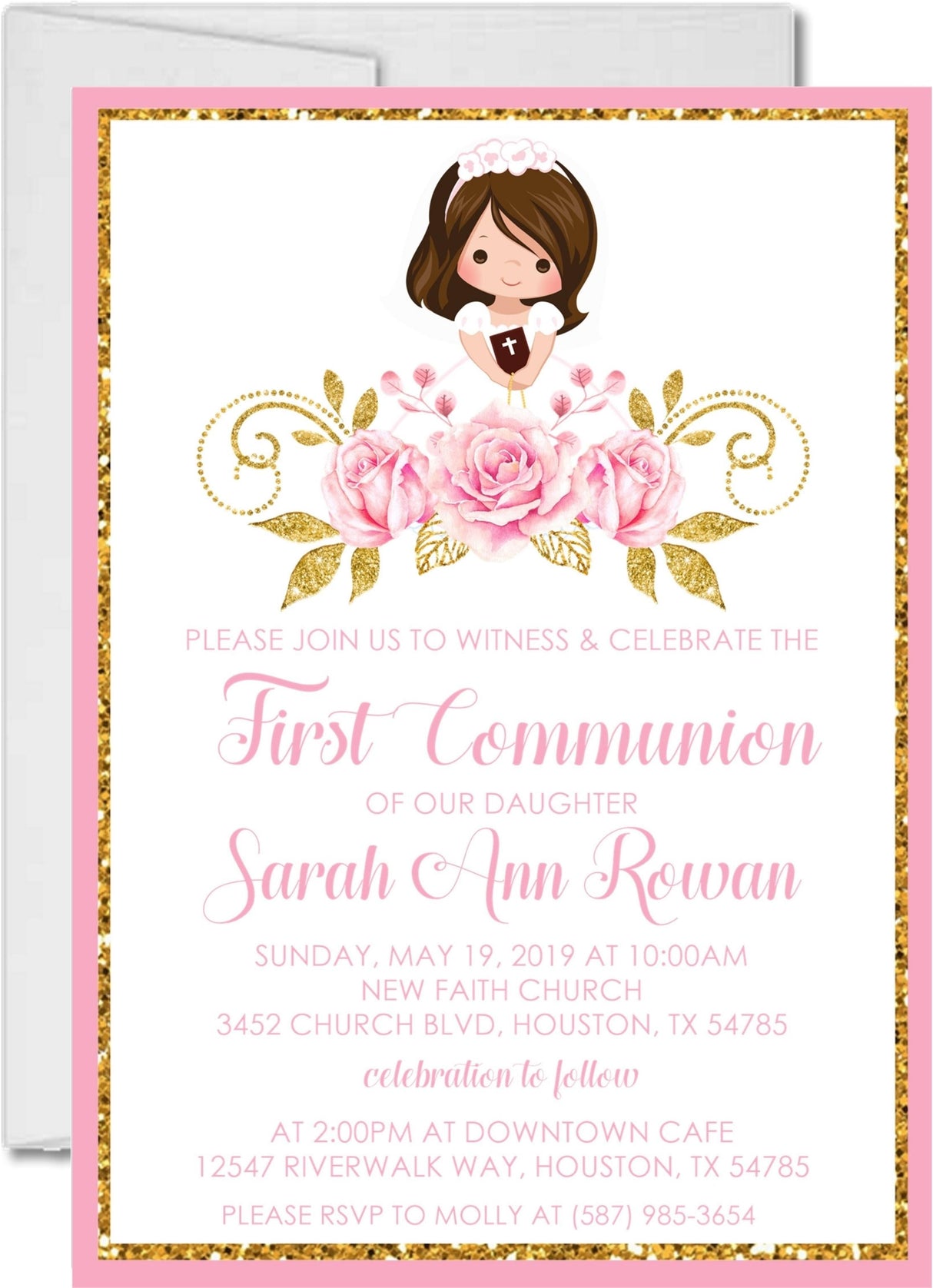 Girls Pink And Gold First Communion Invitations