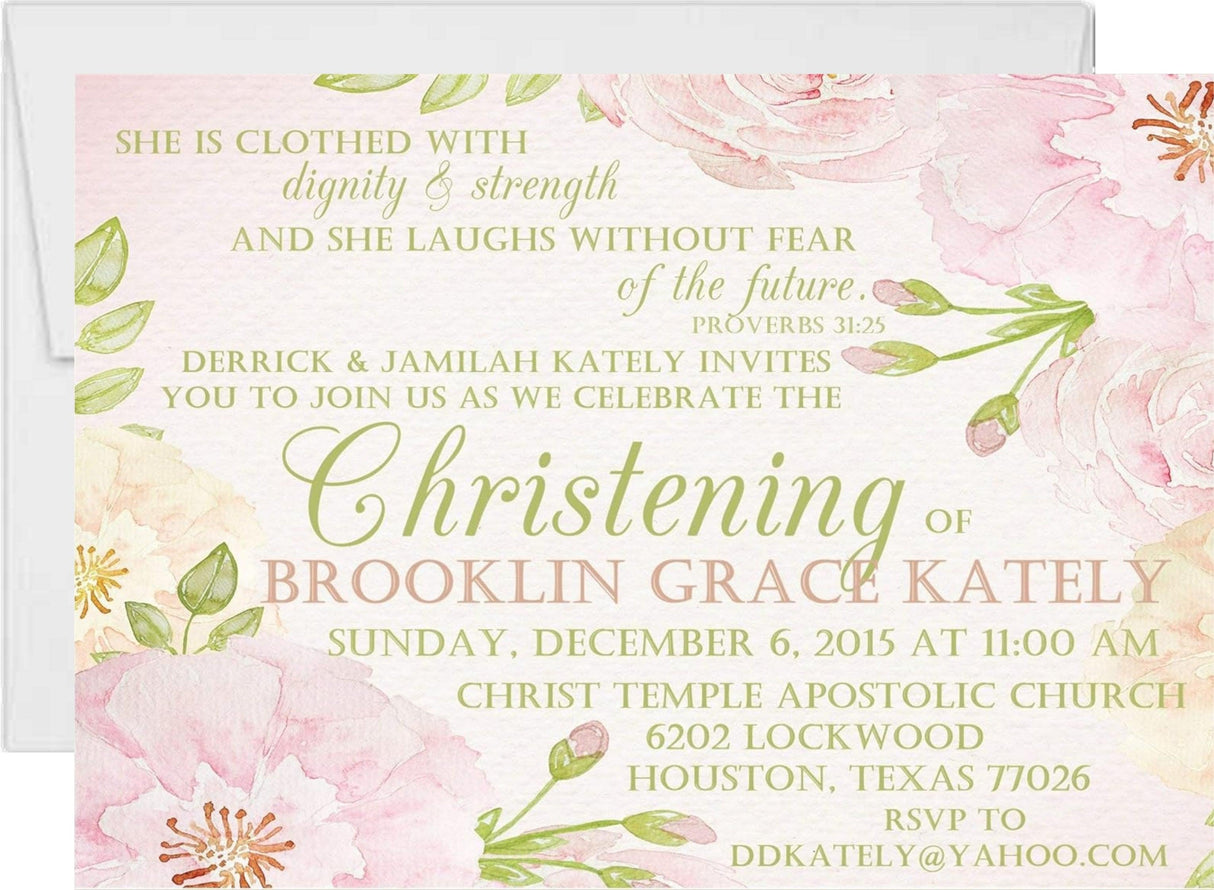 Girls Pink And Green Christening Invitations