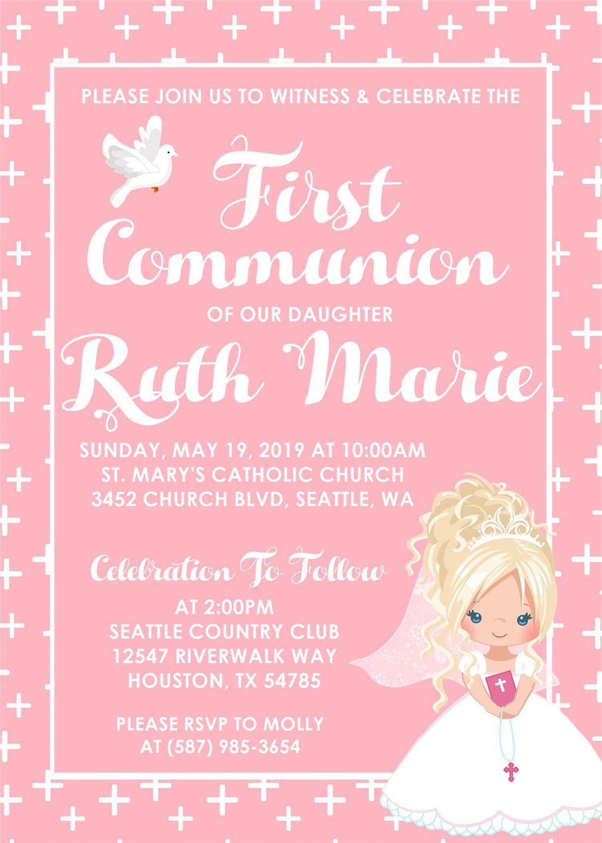 Girls Pink And White First Communion Invitations