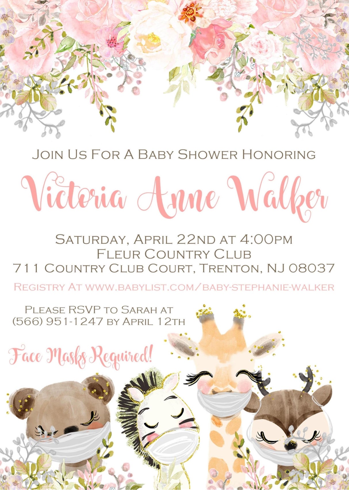 Girls Safari Animals Baby Shower Invitations