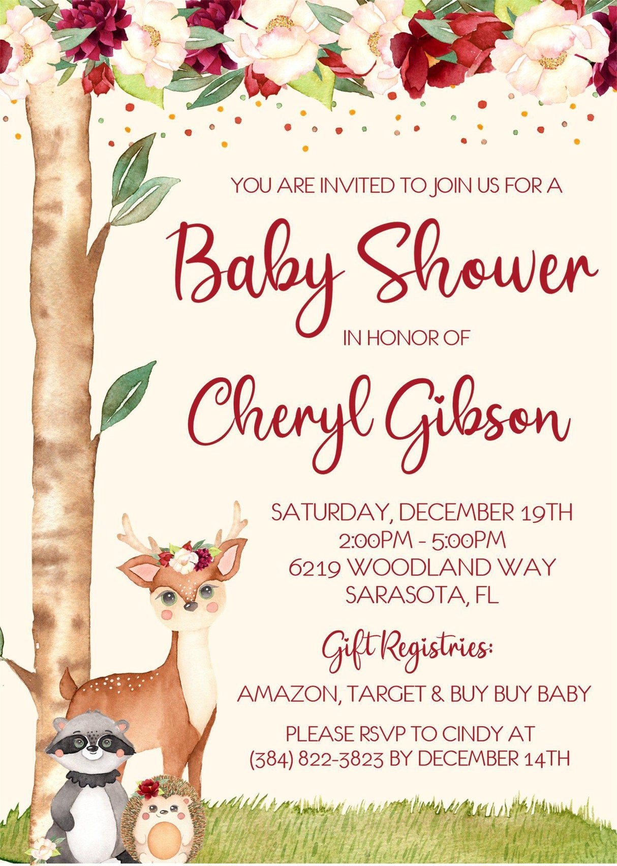 Girls Woodland Animals Baby Shower Invitations