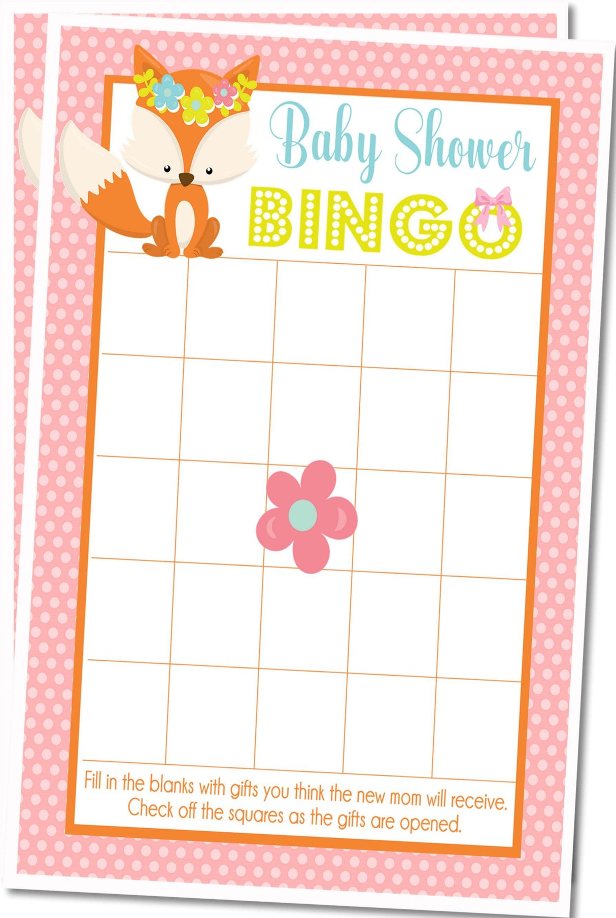 Girls Woodlands Fox Baby Shower Bingo Cards