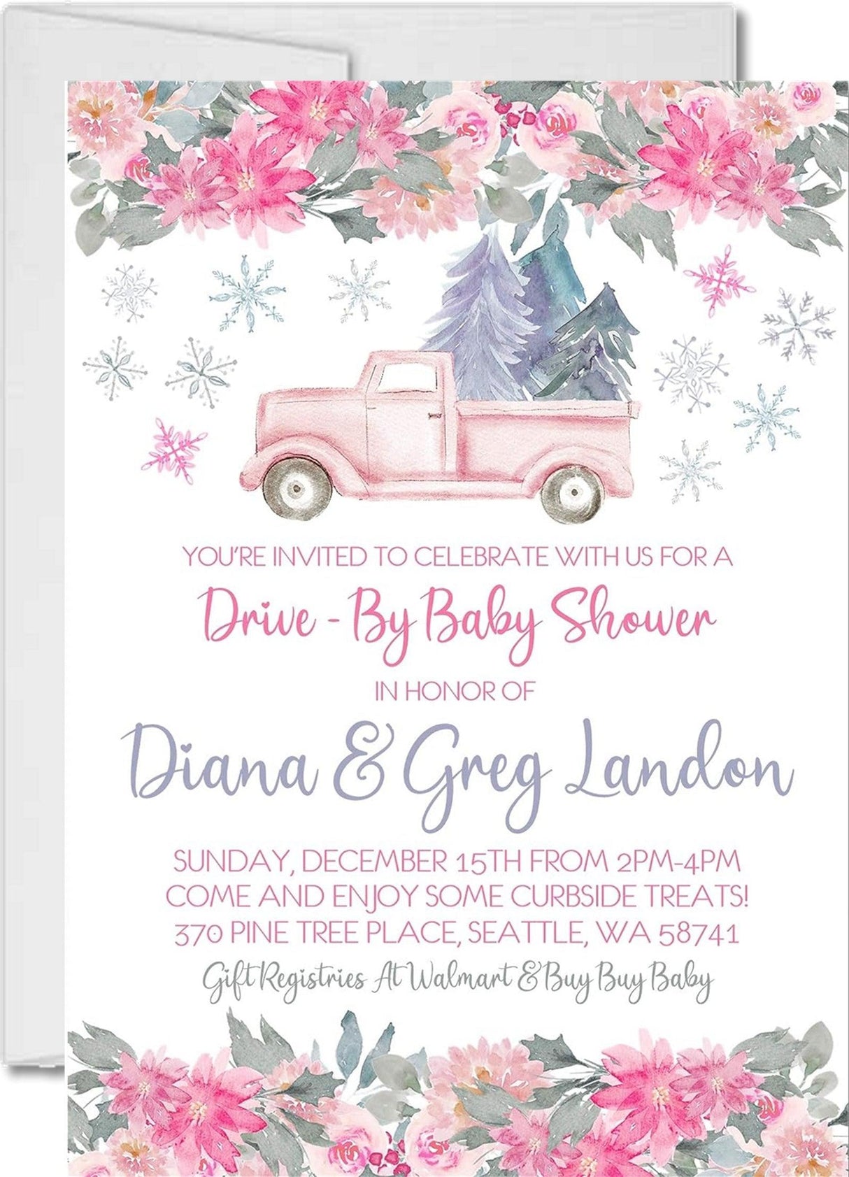 Girls pink winter drive by baby shower invitation