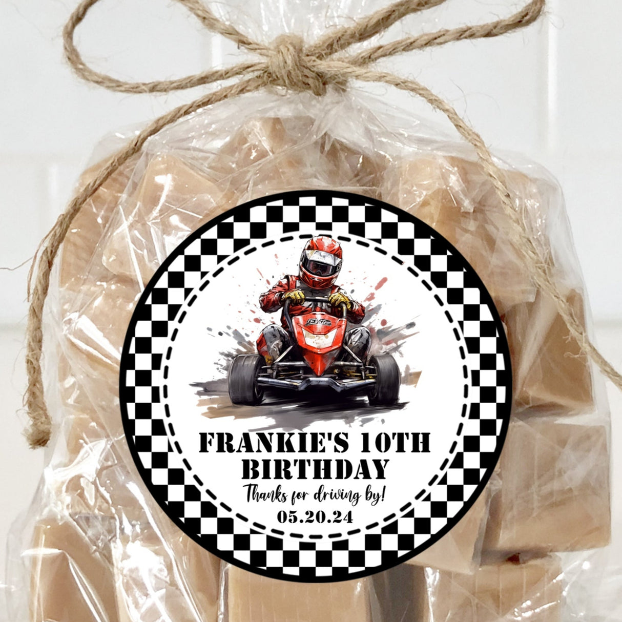 Go-kart racing birthday sticker with checkered border