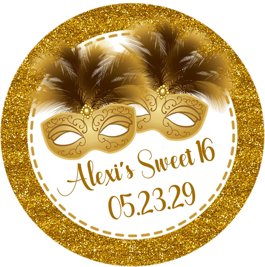 Gold masquerade sweet 16 sticker feather mask design