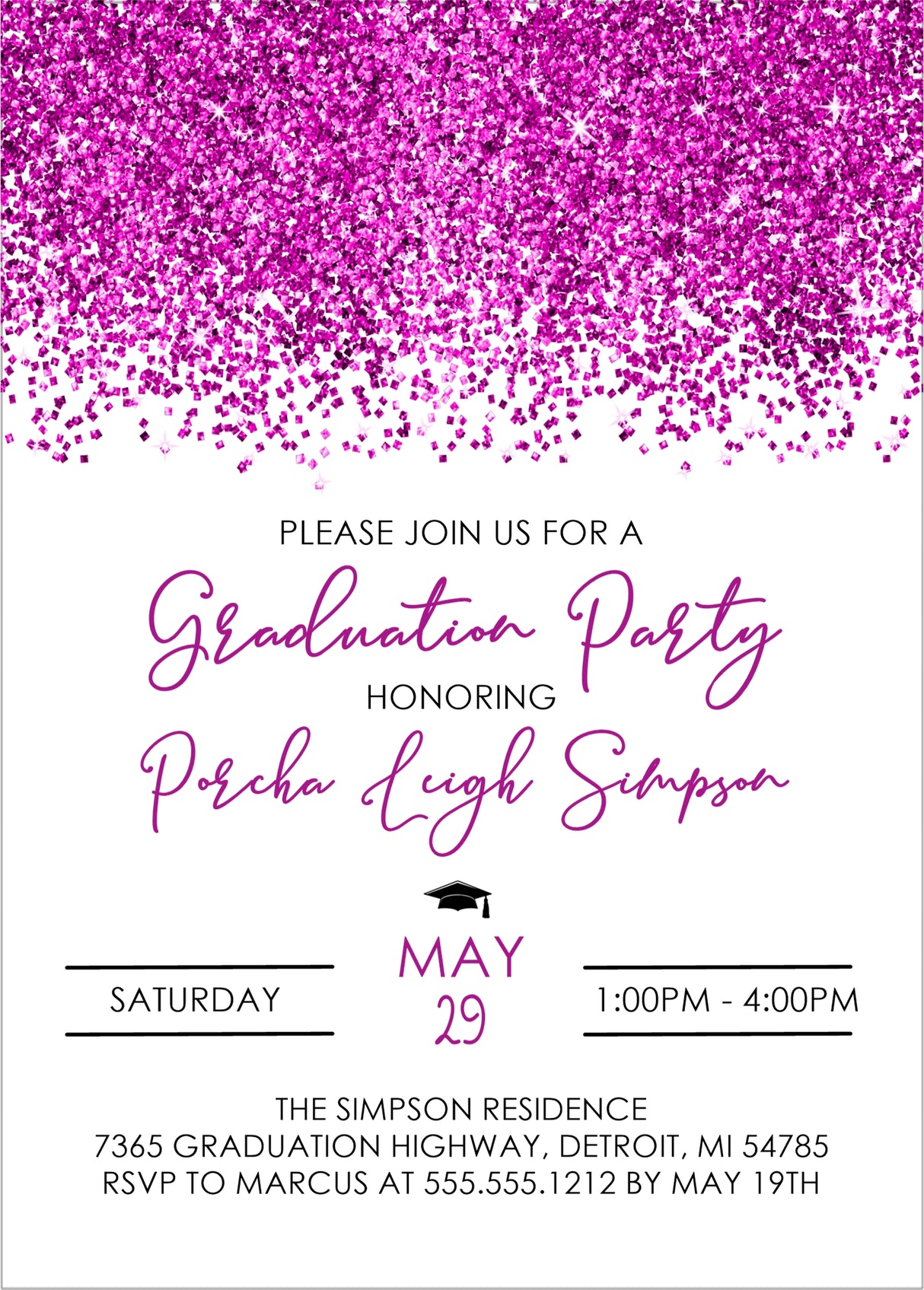 Graduation party invitation with bright pink border and event details.