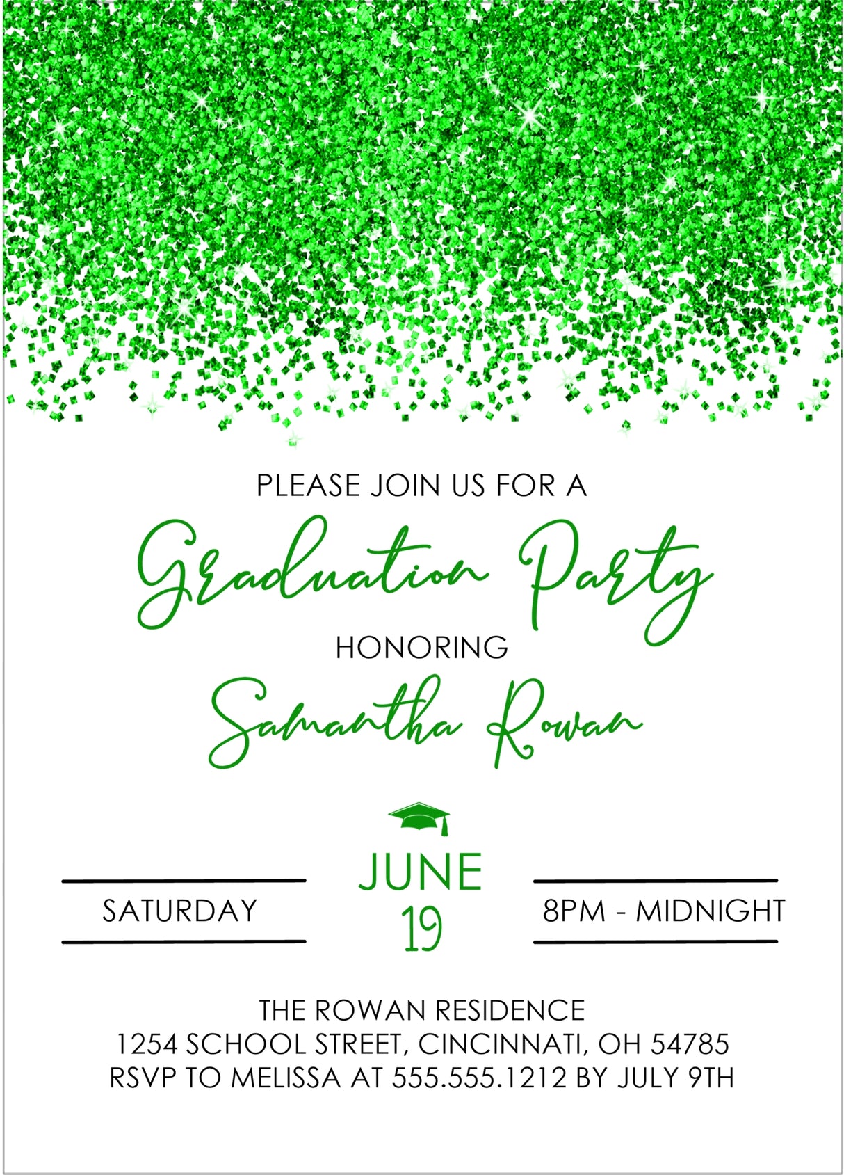 Graduation party invitation with green confetti and text on a white background