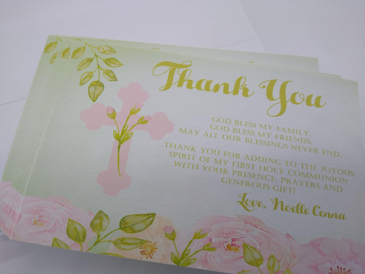 Green And Pink First Communion Thank You Cards