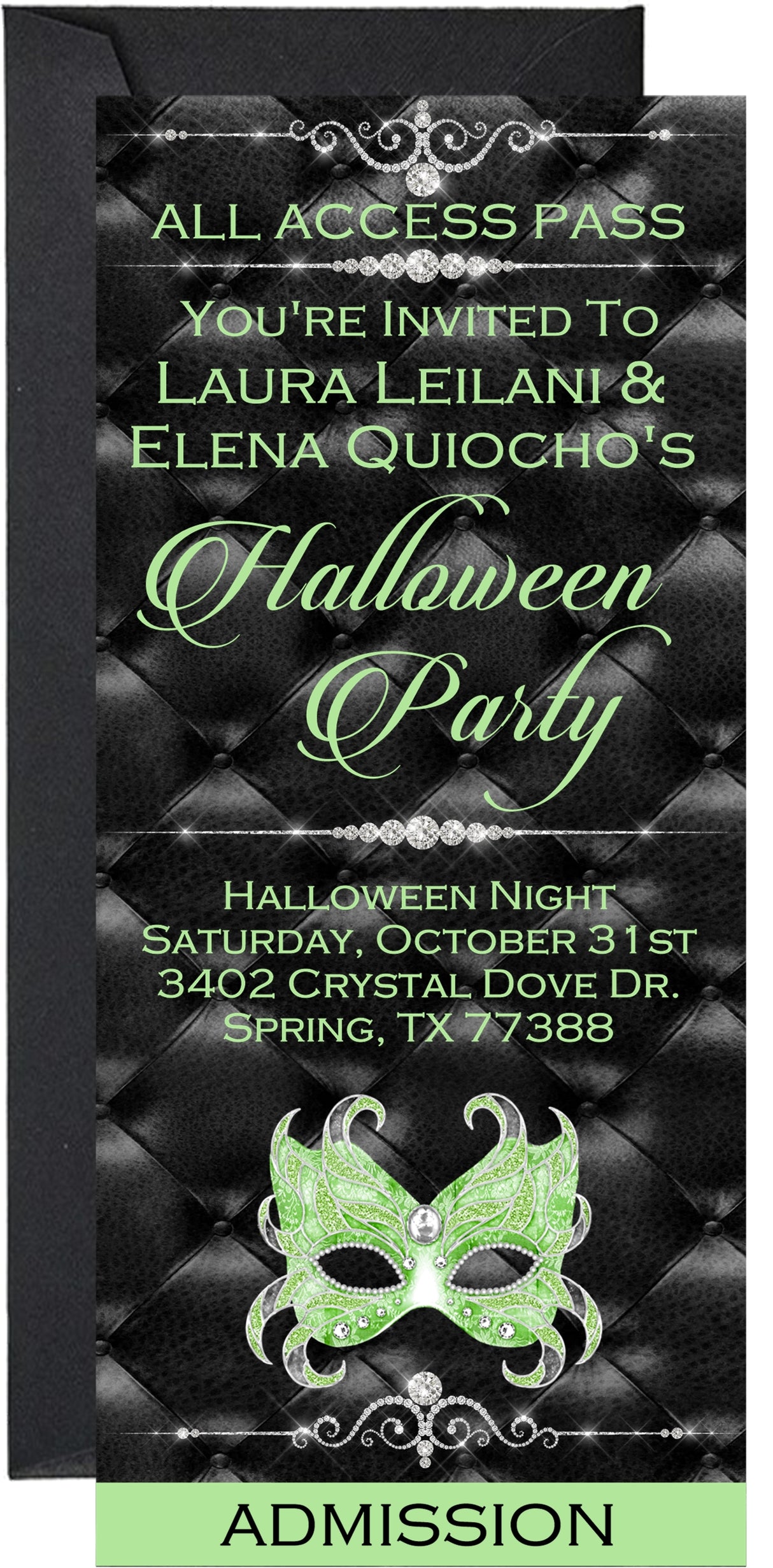 Green masquerade themed ticket invitation for Halloween party celebration