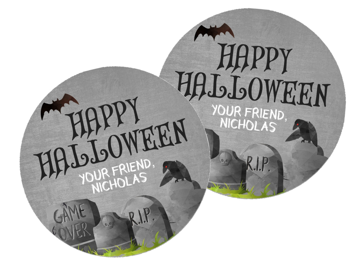 Halloween graveyard party favor stickers with tombstones and bat