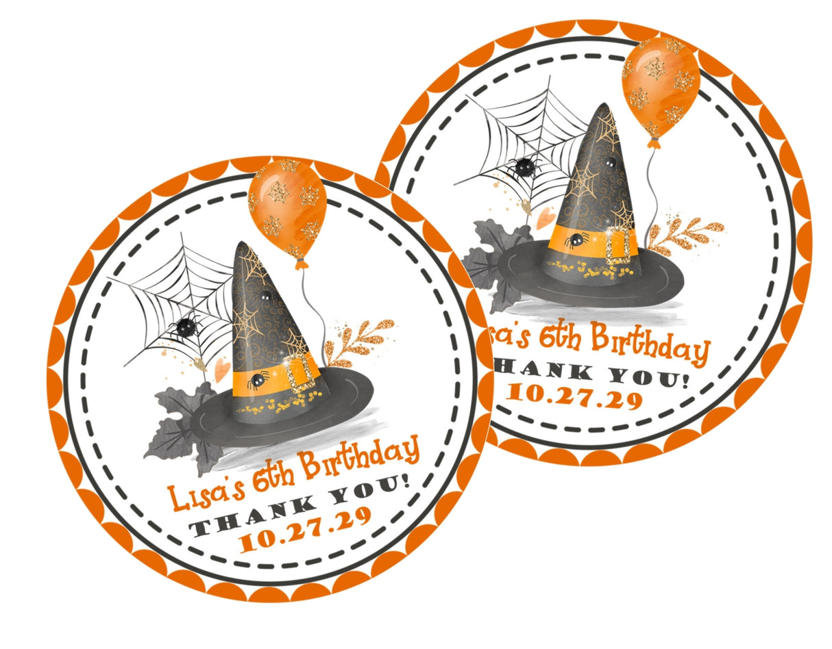 Halloween witch birthday sticker with hat and spiderweb