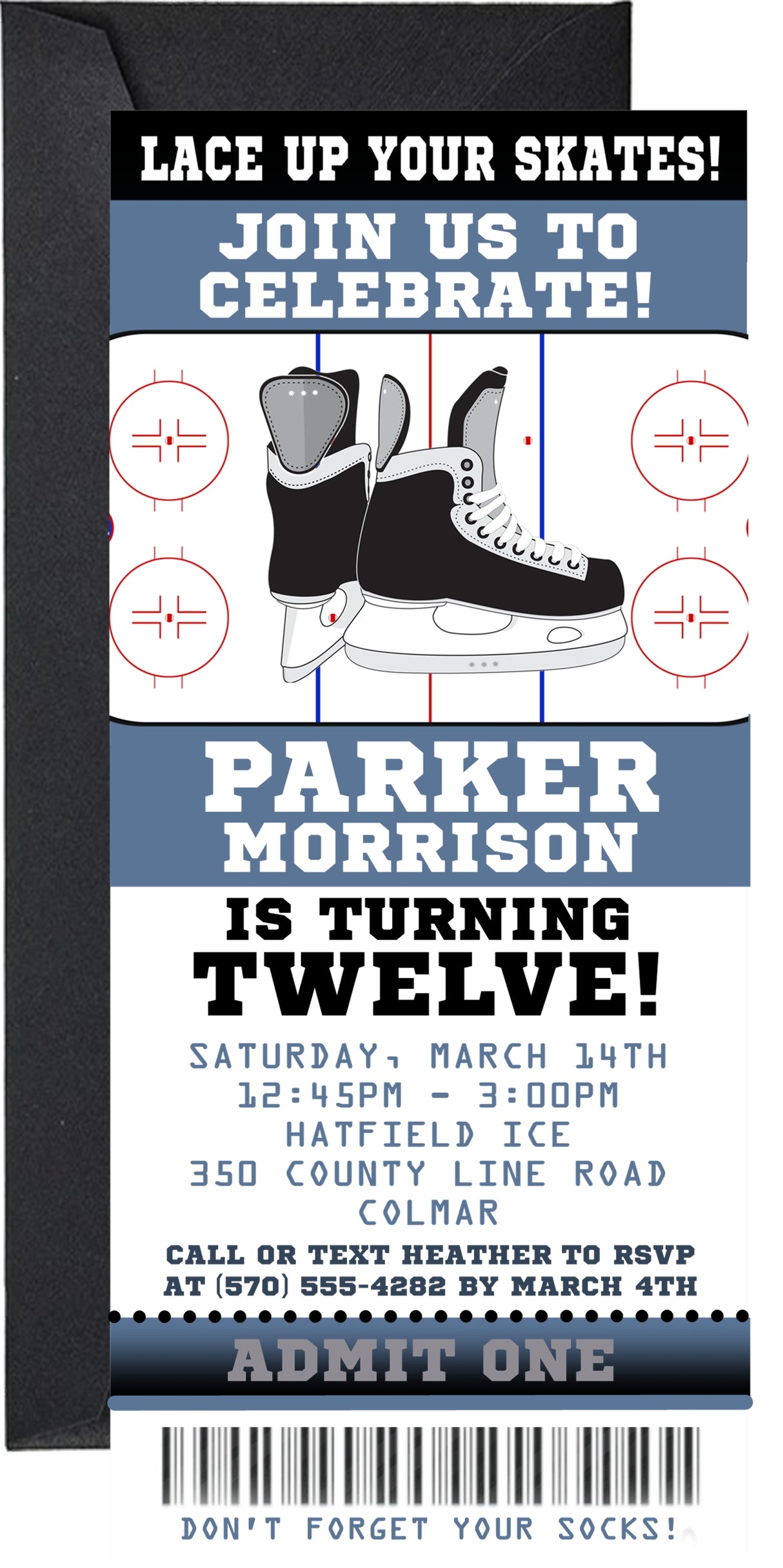 Hockey ticket invitation featuring ice hockey skates and hockey rink markings