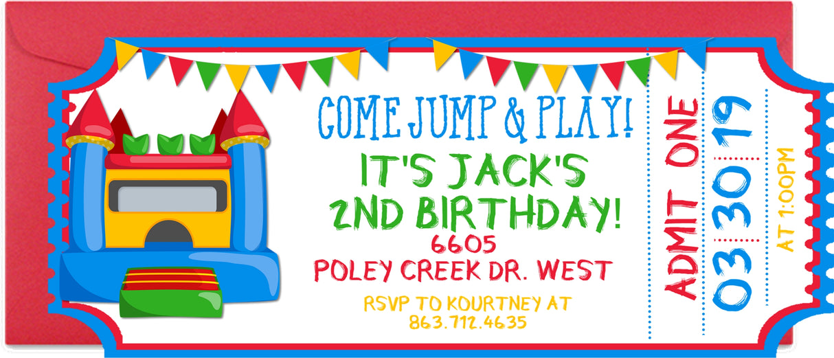 Inflatable birthday party invitation with bright colors and personalized party details