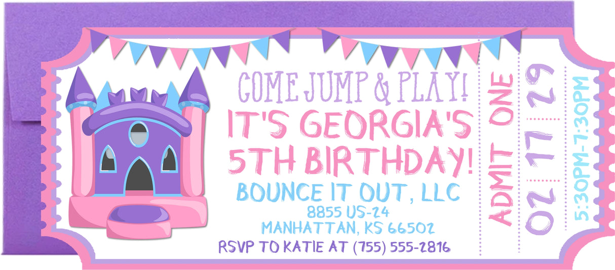 Jump house birthday invitation featuring a fun bounce party theme for kids