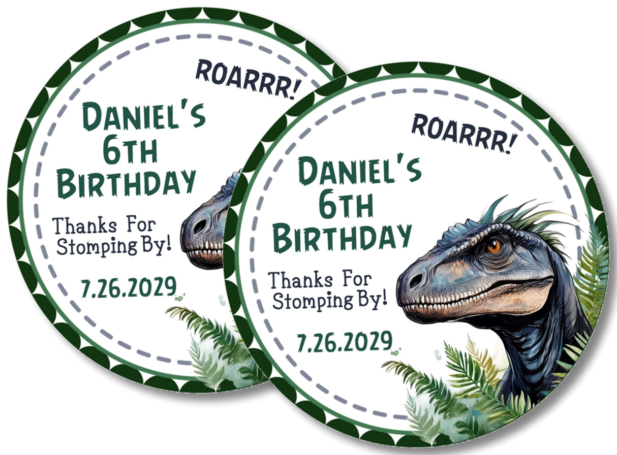 Jungle leaf dinosaur party favor label for kids