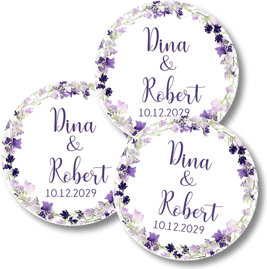Lavender watercolor floral wedding favor label with custom names and date